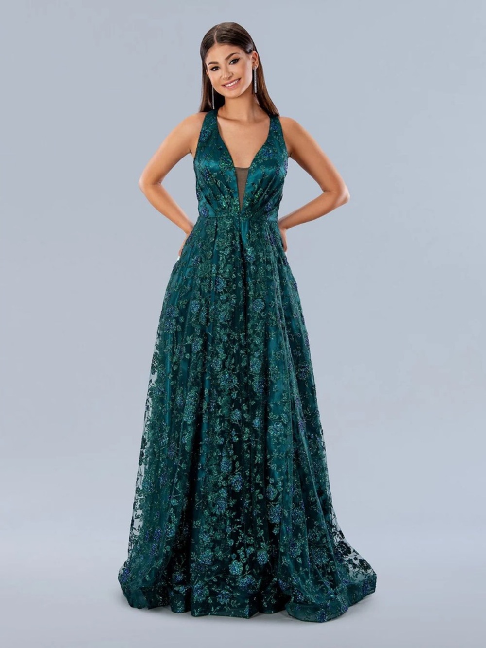Deep Green Plunge V-Neck Embroidered Prom Gown